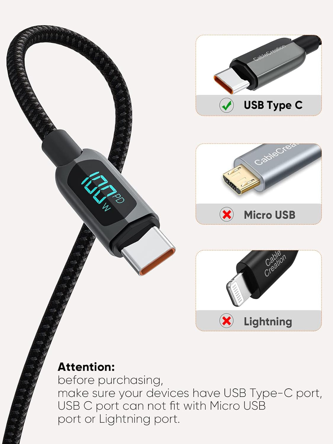 3.3FT USB C to USB C Cable 2-Pack PD 100W with LED Display, Durable USB C Cable Braided with Display for Ipad Air, Pro, Macbook Pro, Galaxy S23 Pixel Steam Deck PS5 1M Black