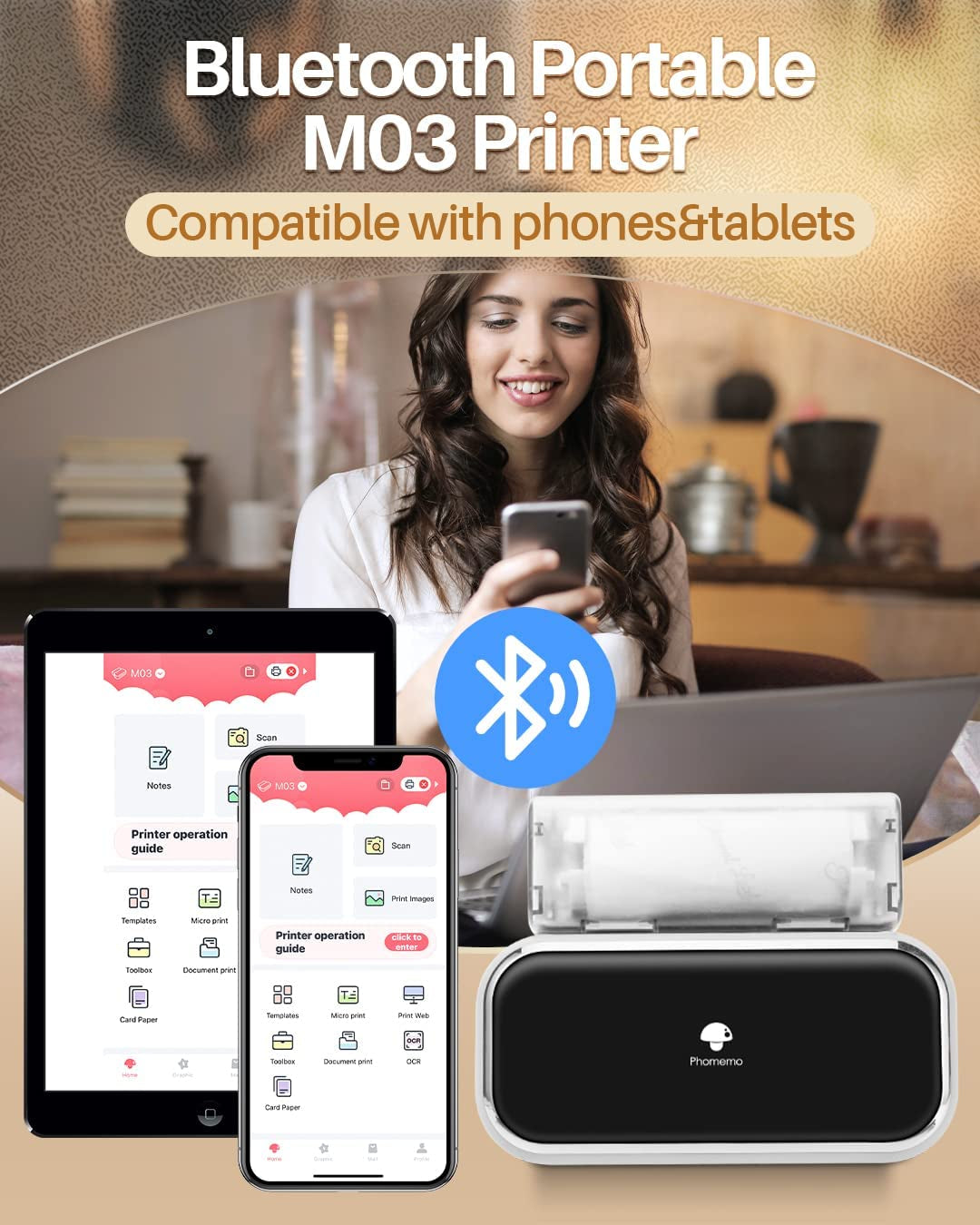 M03 Pocket Printer - Mini Thermal Printer Bluetooth Mobile Portable Printer Sticky Note Printer Photo Printer, Compatible with 53Mm(2Inch)/80Mm(3Inch) Paper, Best for Notes, Photo&List,White