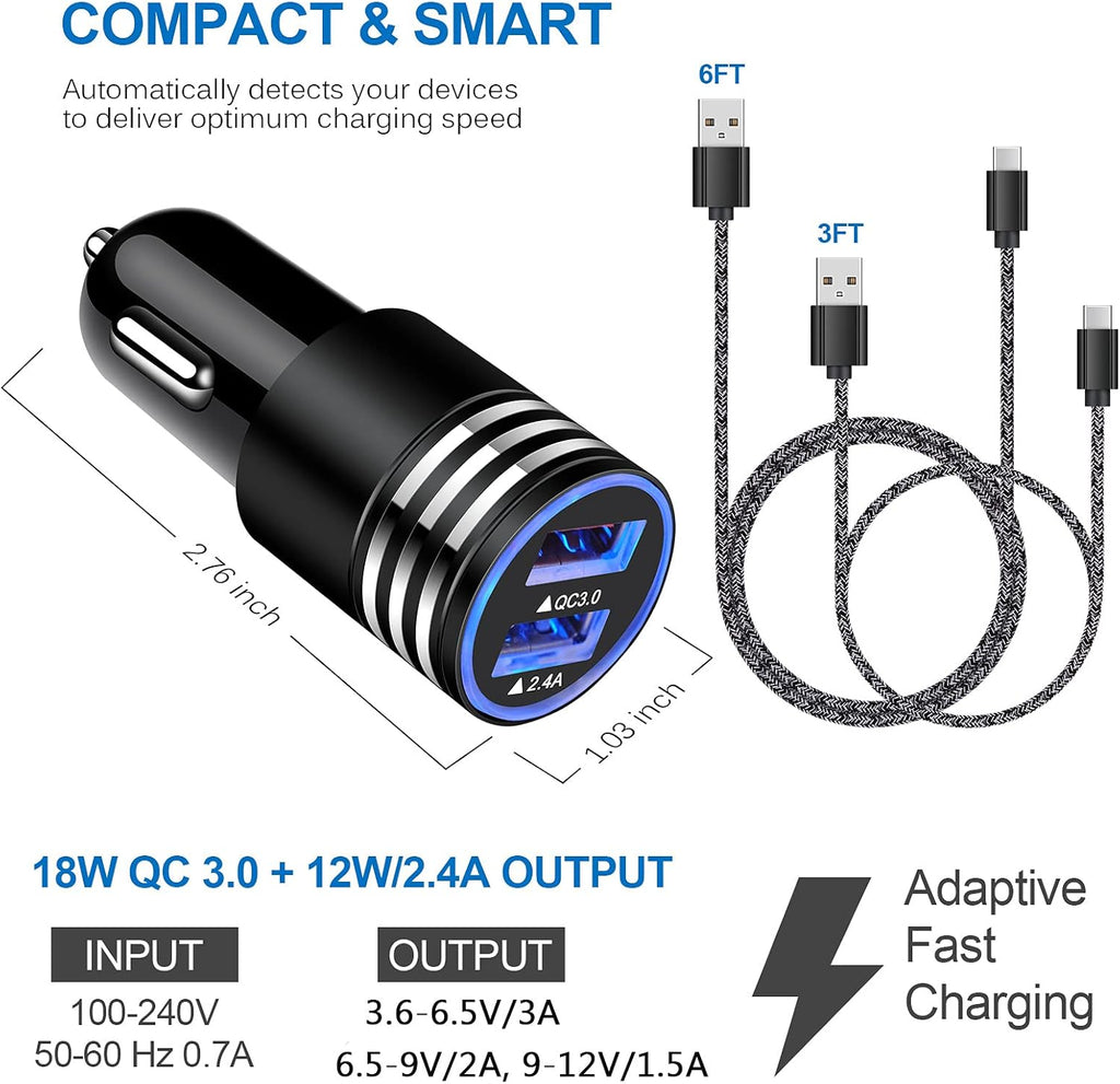 Type C Charger Fast Charger for Samsung Galaxy S25 S24 S23 S22 S21 A15 A54 A14 A53 A13,LG Stylo 6 5,Quick Charge 3.0 Car Charger Wall Adapter +3FT 6FT USB C Cable