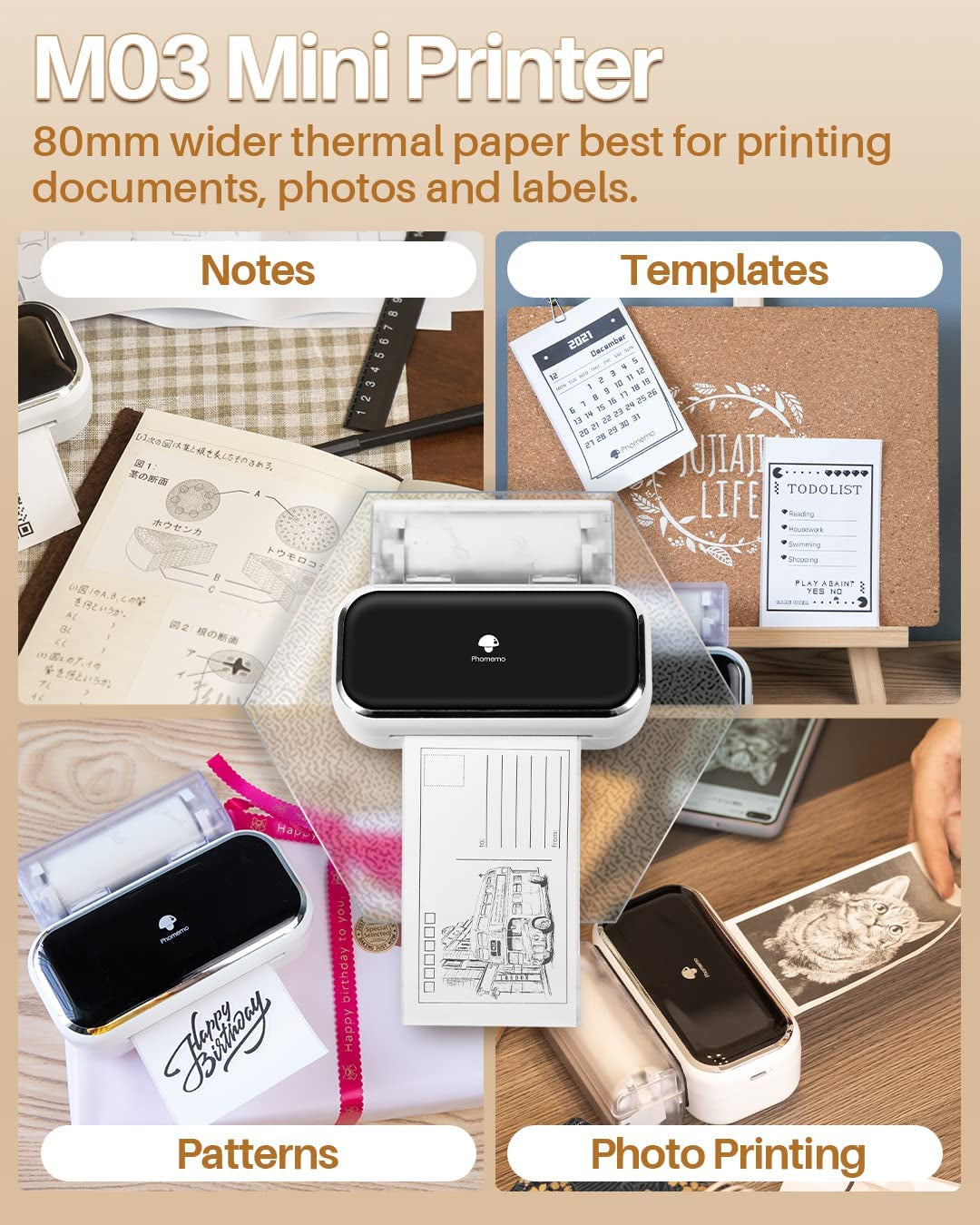 M03 Pocket Printer - Mini Thermal Printer Bluetooth Mobile Portable Printer Sticky Note Printer Photo Printer, Compatible with 53Mm(2Inch)/80Mm(3Inch) Paper, Best for Notes, Photo&List,White