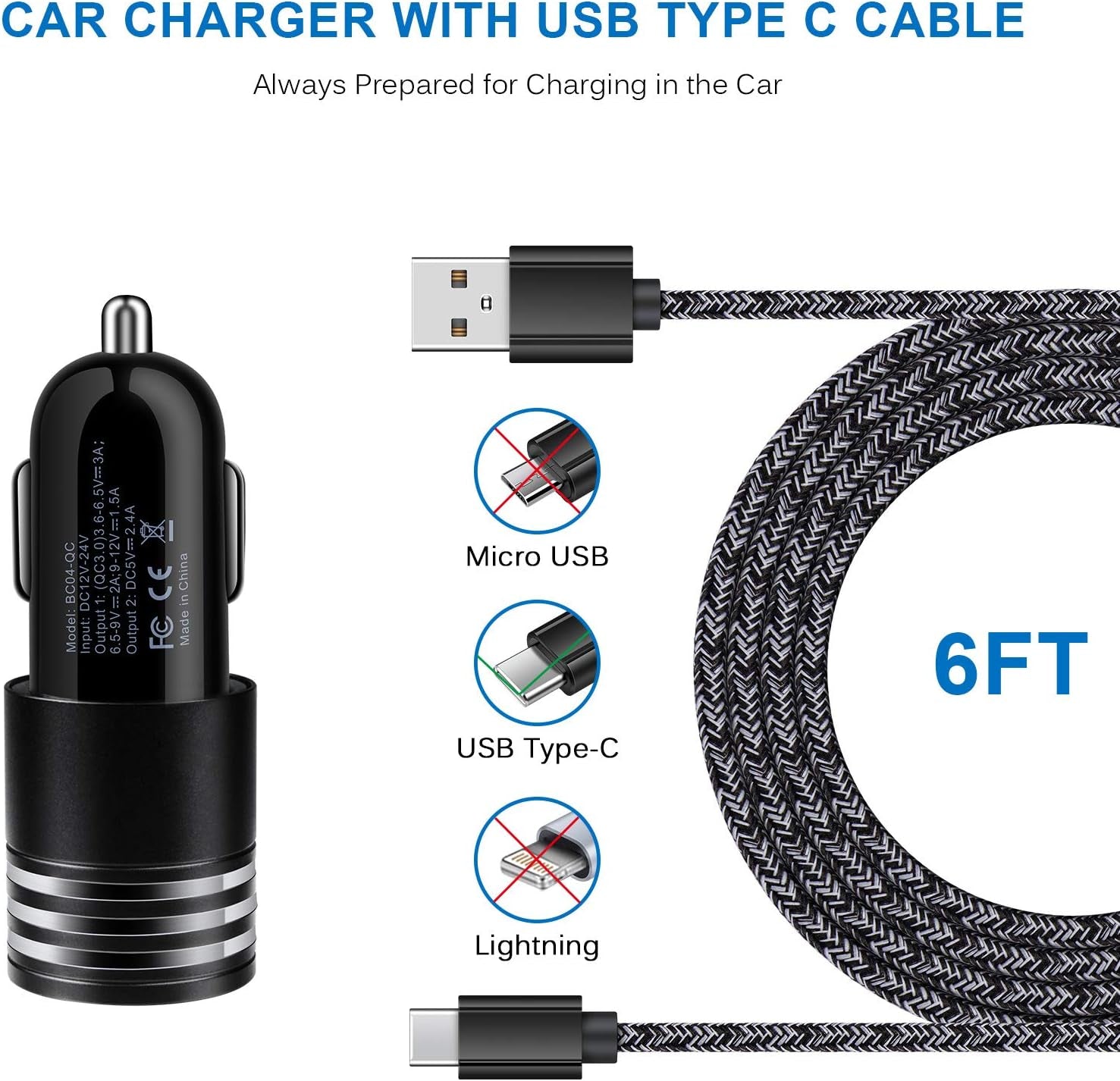 Type C Charger Fast Charger for Samsung Galaxy S25 S24 S23 S22 S21 A15 A54 A14 A53 A13,LG Stylo 6 5,Quick Charge 3.0 Car Charger Wall Adapter +3FT 6FT USB C Cable