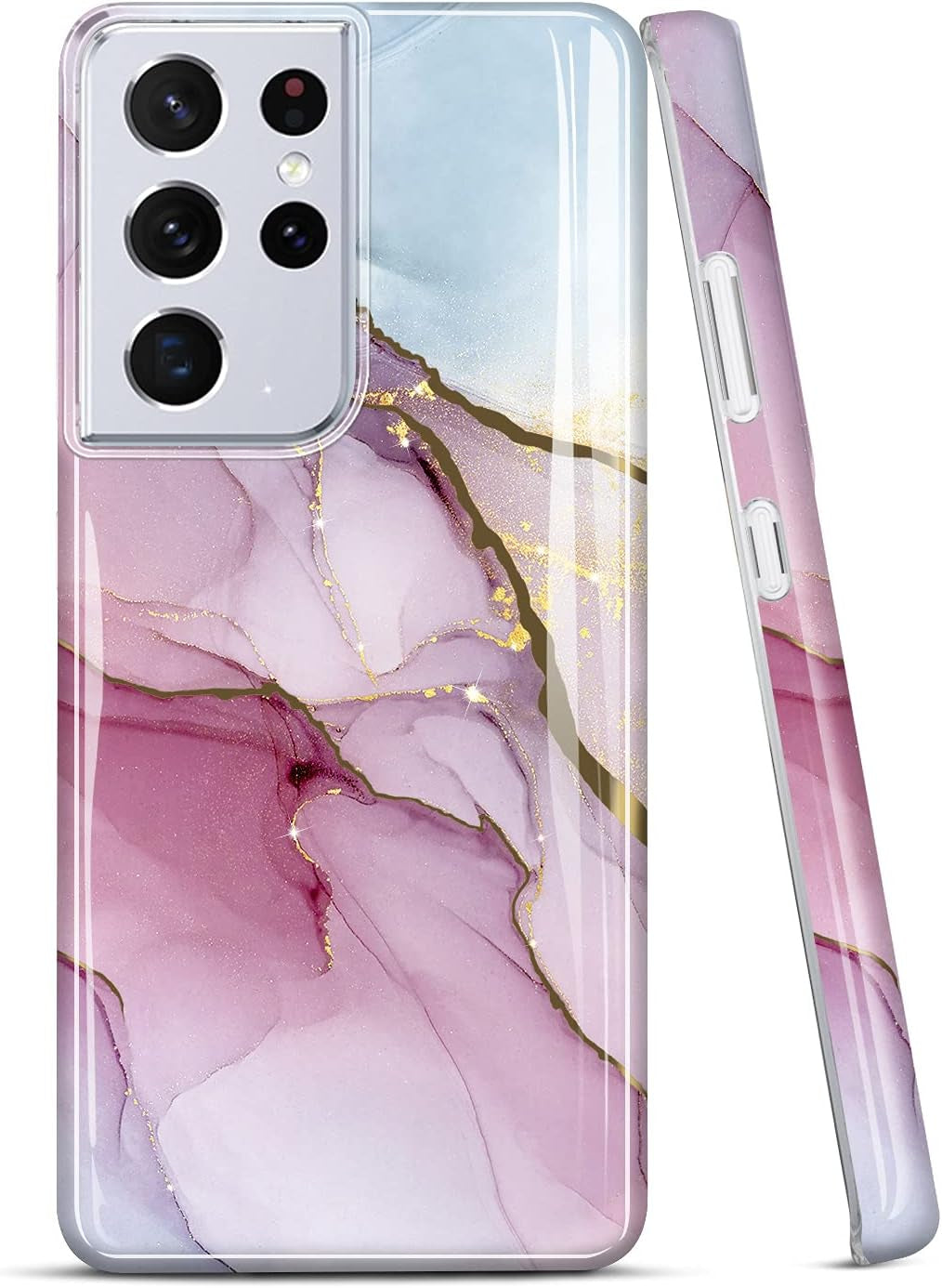 Galaxy S21 Ultra Case Gold Electroplated Glitter Marble Slim Shockproof TPU Soft Rubber Silicone Cover Phone Case for Samsung Galaxy S21 Ultra 5G 6.8 Inch 2021 Purple Blue